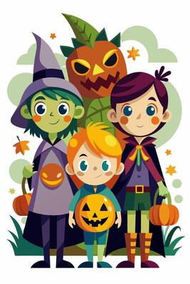 A group of kids wearing Halloween costumes are standing side by side