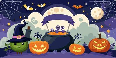 In the scene, there are pumpkins and a cauldron topped with a witch hat vector