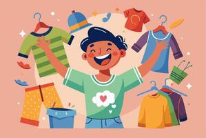 A boy is standing in front of a pile of clothes, smiling and happy vector