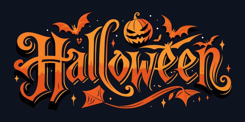 The image showcases a Halloween theme featuring a pumpkin and bats