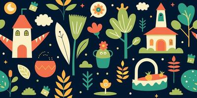 A seamless pattern with flowers, trees, houses, and a cake on a dark background vector