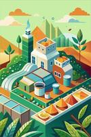 Isometric view of factory in green urban setting with trees vector