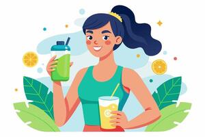 A woman is enjoying a refreshing smoothie from a bottle and a glass vector