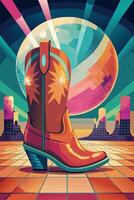 A cowboy boot on tiled floor in front of a disco ball vector