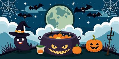 A cauldron with pumpkins and a ghost in the background vector