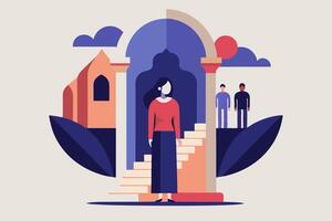 A woman stands on a set of stairs in front of a building vector