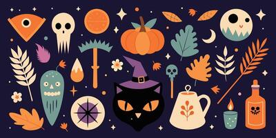 An assortment of Halloween icons displayed against a dark backdrop vector