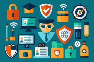A collection of security symbols displayed against a blue backdrop vector
