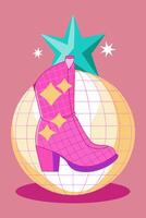 There is a pink cowboy boot resting atop a shiny disco ball vector