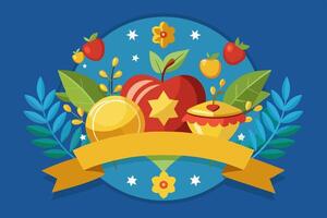 A sticker featuring apples, a pie, and a ribbon on a blue background vector