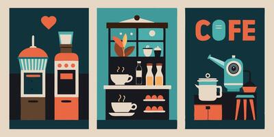 Three posters designed for a coffee shop showcasing various themes and artwork vector