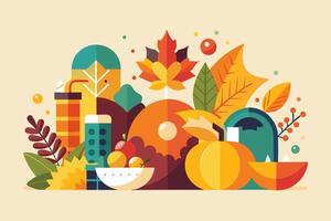 An illustration showing autumn fruits and leaves in a simple, flat design vector