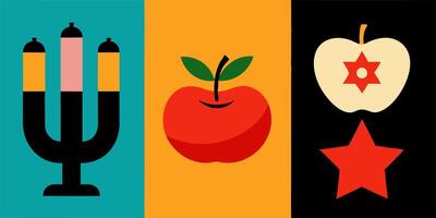 A candle, an apple, and a star on a colorful background vector