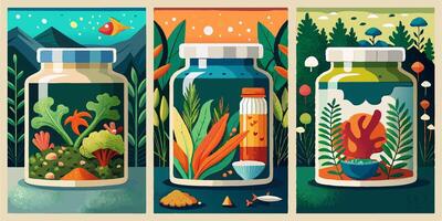 There are three jars each containing various types of plants and animals vector