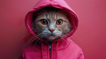 Cat Wearing Pink Sweater With Hoodie On photo