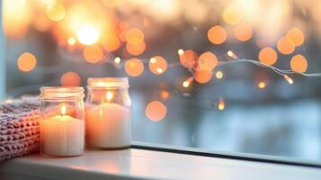 Warm Candles on a Windowsill During a Cozy Sunset With String Lights photo
