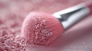 Close-Up of Pink Makeup Brush Against Soft Pink Background photo