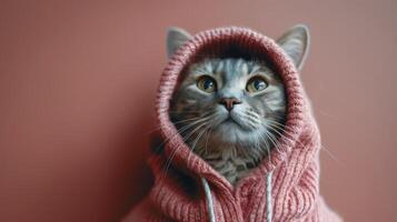 Cat Wearing Pink Sweater With Hood photo