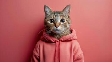 Cat Wearing Pink Sweater With Hoodie On photo