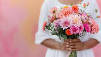 Woman Holding Colorful Flower Bouquet Against Soft Pink Background photo