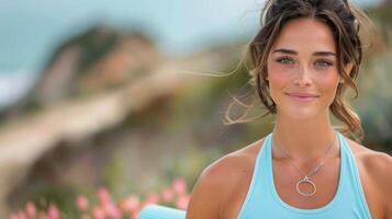 Young Woman Holding Yoga Mat in Fitness Studio During Morning Class photo