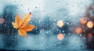 Raindrops on Window With Orange Maple Leaf in Urban Setting on a Rainy Autumn Day photo
