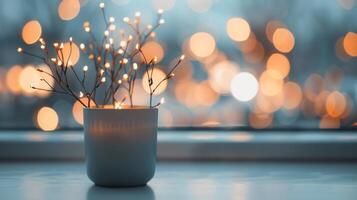 Warm Candles on a Windowsill During a Cozy Sunset With String Lights photo