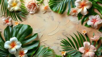 Two White Orchids and Green Leaves on Blue Background photo