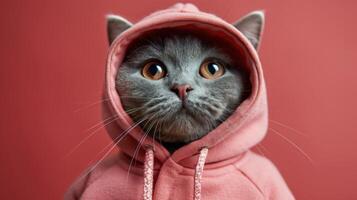 Cat Wearing Pink Sweater With Hood photo