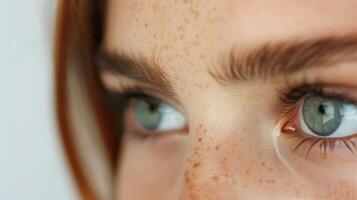 Close-Up of Model With Freckles and Blue Eyes Against Neutral Background photo