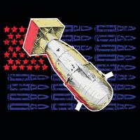T-shirt design of an atomic bomb next to a US flag made up of projectiles and stars on a black background. vector