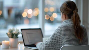 Woman Working at a Laptop With Candle and Flowers in a Cozy Indoor Setting photo