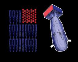 T-shirt design of an atomic bomb next to a US flag made up of projectiles and stars on a black background. vector