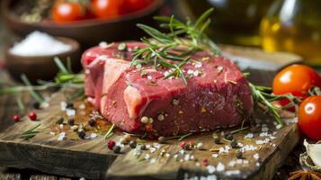 Raw Meat, Herbs, and Tomatoes on Cutting Board photo