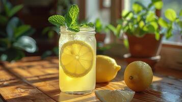 Three Mason Jars Filled With Lemonade on Table photo