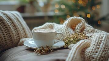 A Cup of Coffee and a Book on a Couch photo