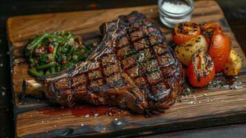 Juicy Steak With Vegetables on Cutting Board photo