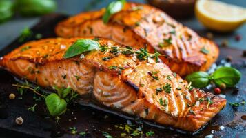 Close Up of Fresh Salmon Cooking on Pan photo