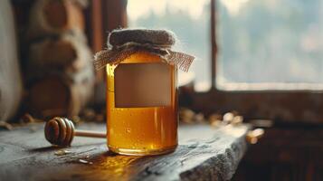 Jar of Honey on Wooden Table photo