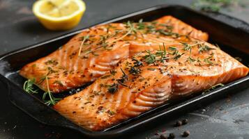Grilled Salmon Fillets With Herbs in Pan photo