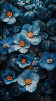 Close Up of Blue Flowers With Leaves photo