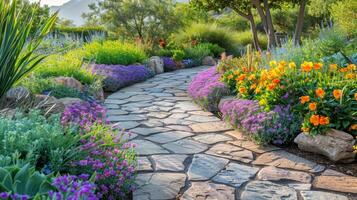 Stone Path Surrounded by Flowers and Rocks photo