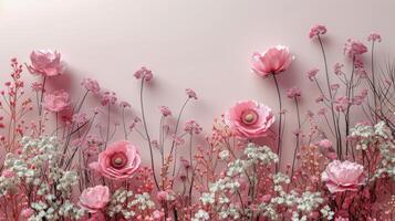 Pink Flowers Blooming Against White Wall photo