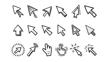Cursor icon set. Doodle click icon set. Hand drawn mouse cursor. Hand drawn illustration. Isolated on white background. vector