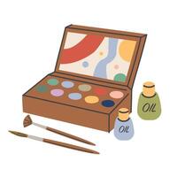 illustration of a set of paints, brushes and a palette. Oil, gouache, watercolor paints. Flat graphic illustrations isolated on white background vector