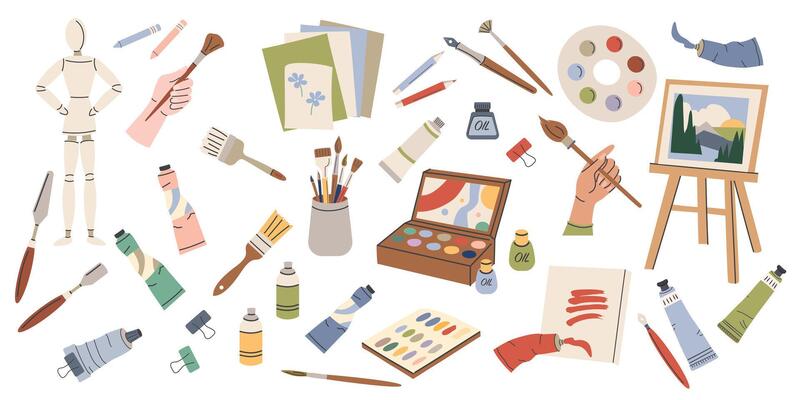 Art supplies, tools set. Paints palettes, brushes, pencil kit, pen, sketchbook, easel and canvas. Trendy modern illustration isolated on white, hand drawn, flat design.