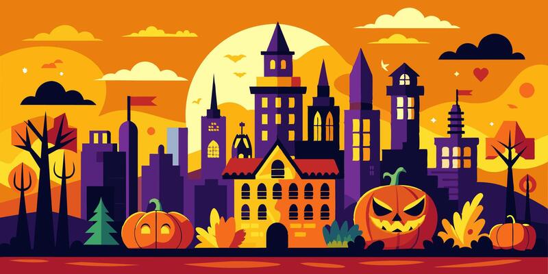 Halloween city with pumpkins and trees, great for art and landmark lovers