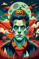 A painting of a zombie with a pumpkin on his head, created by a skilled artist vector