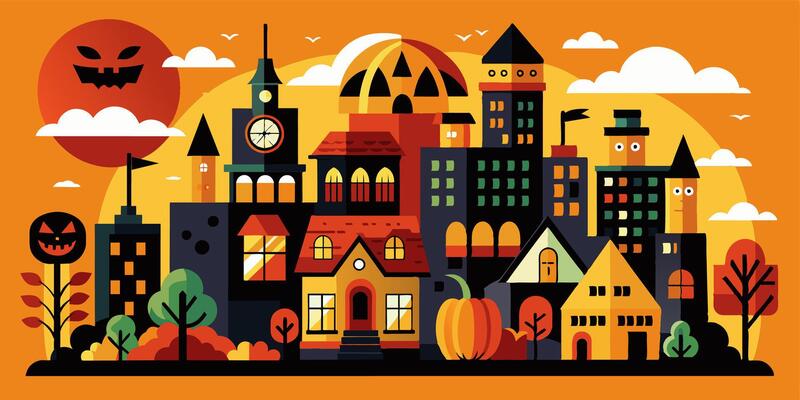 Cartoon illustration of a Halloween city with pumpkins and trees