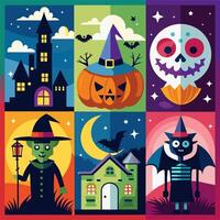 A collection of Halloweenthemed icons designed in a flat style vector